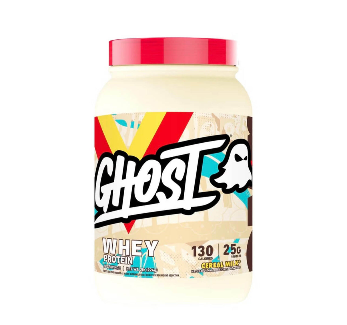 Ghost whey protein container with a colorful label on a white background