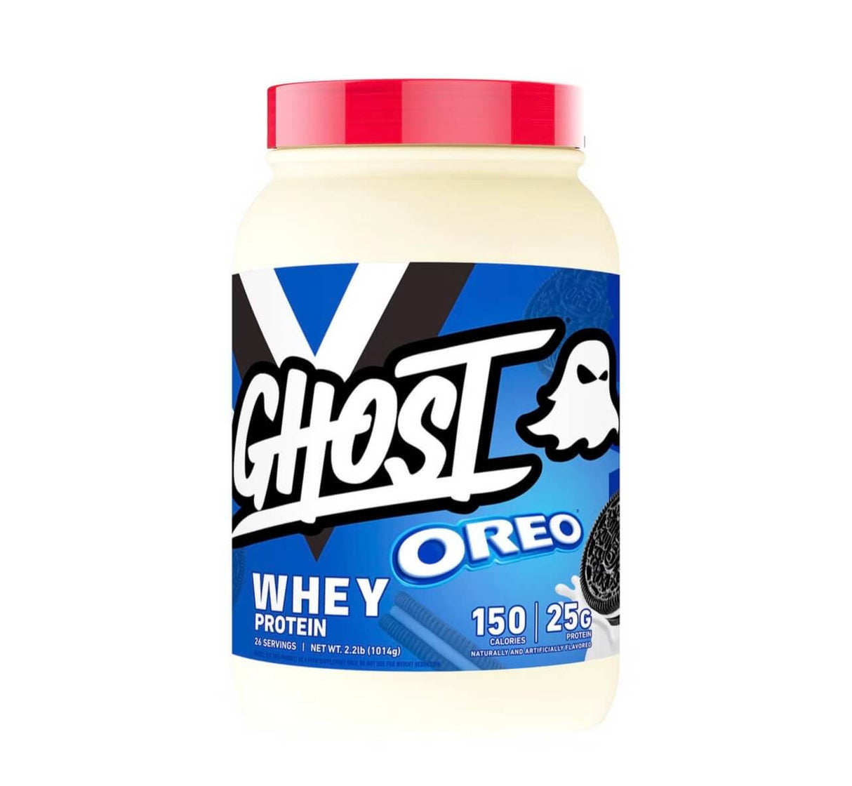 Ghost Oreo whey protein container on a white background