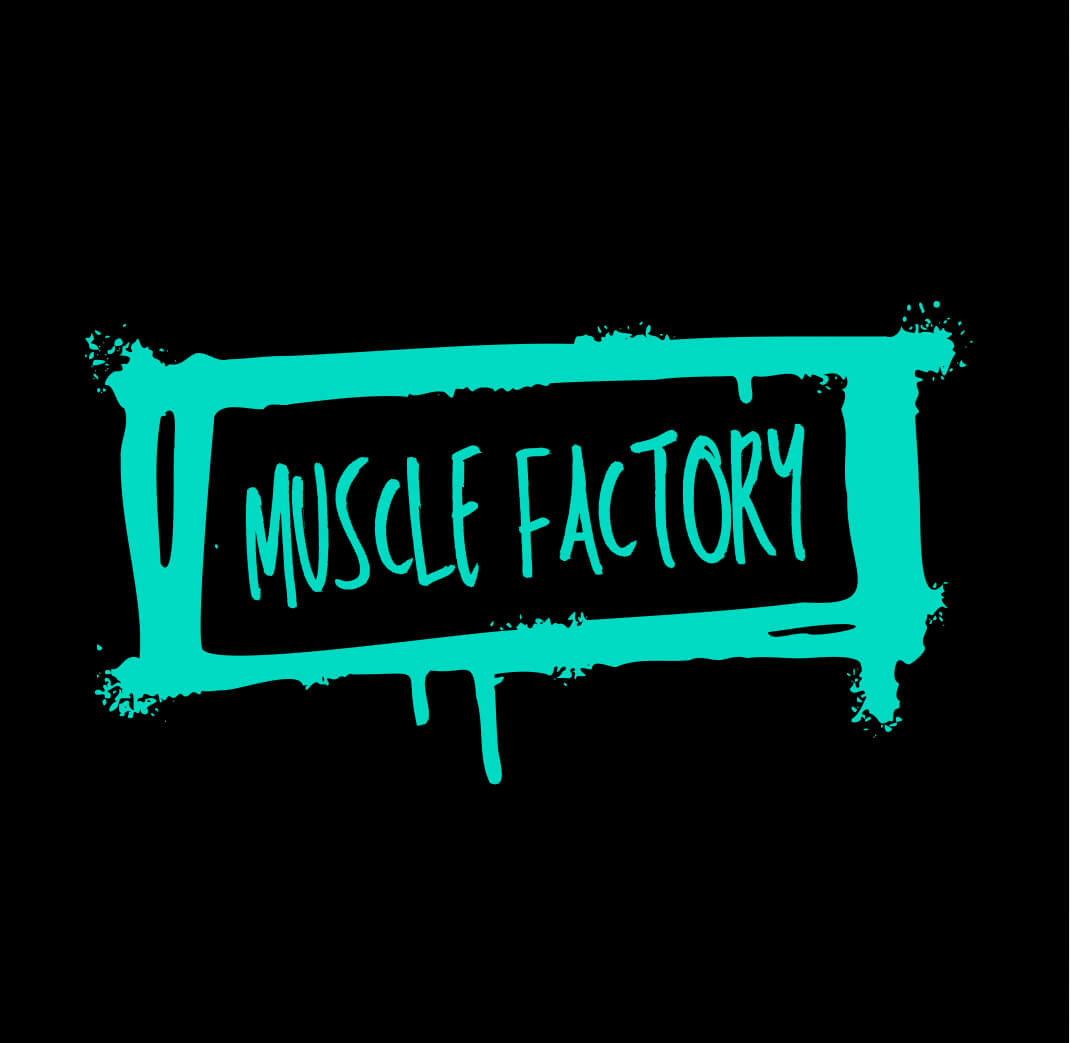 Black sweatshirt with Muscle Factory logo looking like wet paint