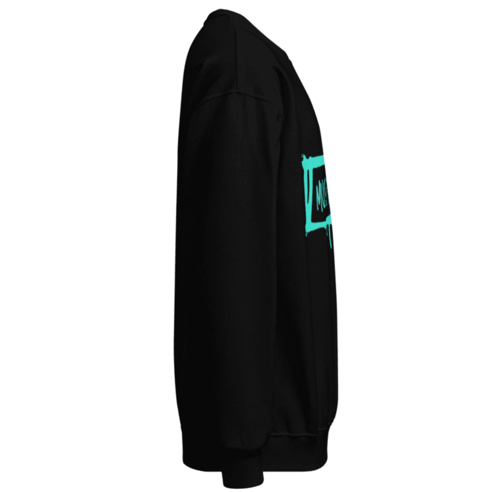 Side view of Muscle Factory sweatshirt with painted logo