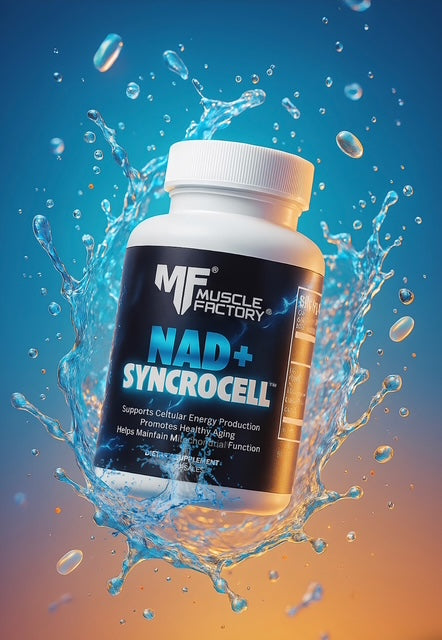 Bottle of Muscle Factory NAD+ Syncrocell supplement with water splash effect on a gradient blue to orange background