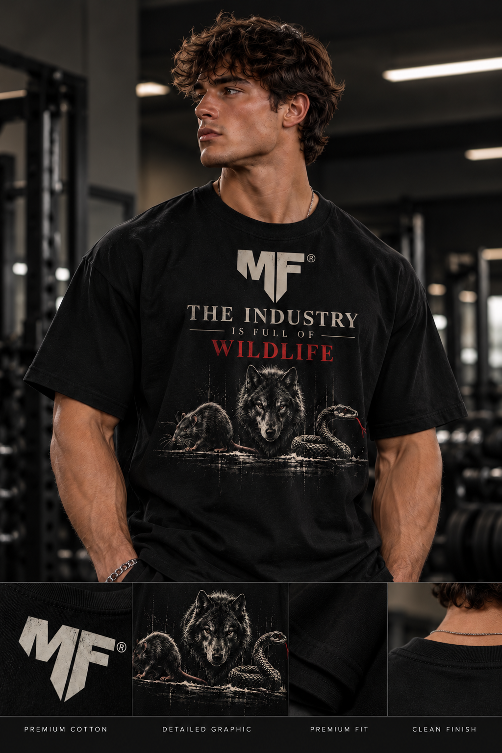 Male fitness model wearing MUSCLE FACTORY brand a black oversized MF gym T-shirt featuring ‘The Industry Is Full of Wildlife’ wolf, rat, and snake graphic, with close-up details highlighting premium cotton, oversized fit, and quality finish.