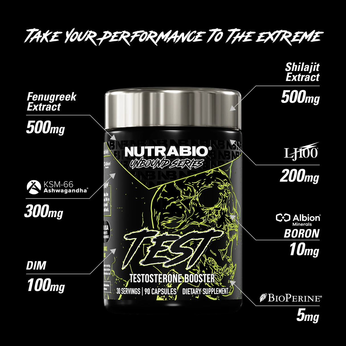 NUTRABIO testosterone-booster supplement container with ingredient list on a black background