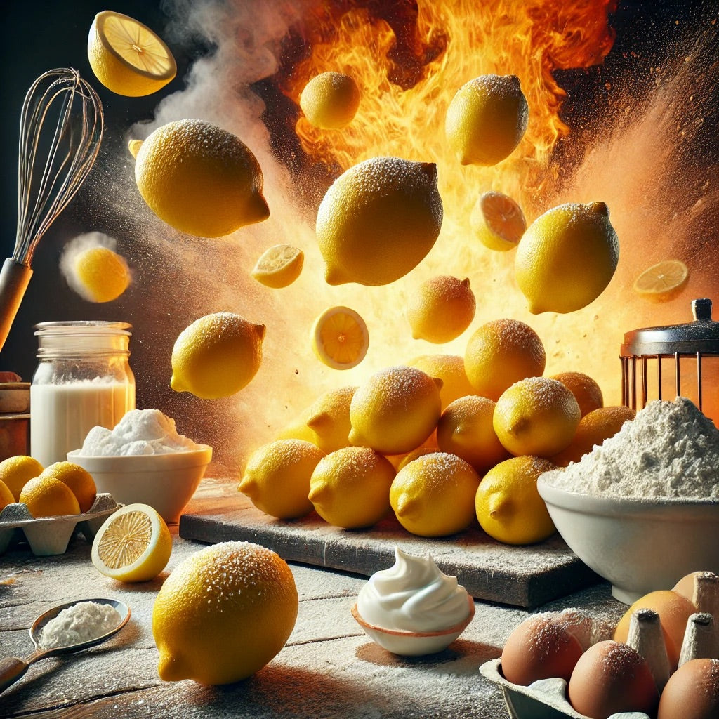 “Juicy lemons falling onto a bakery counter with flour and icing, surrounded by intense flames in a hyper-realistic, professional photo.”