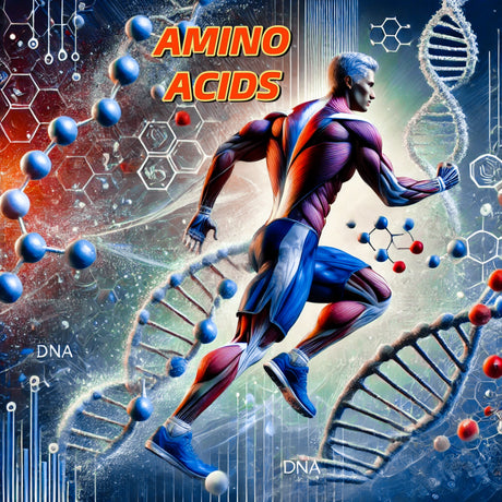 Muscle Factory , Muscular athlete surrounded by DNA strands and molecular structures, highlighting the role of amino acids in muscle building and cellular function.