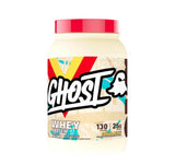 Ghost whey protein container with a colorful label on a white background