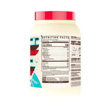 Container of protein powder with nutrition label on a white background