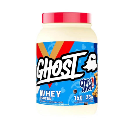 Ghost Whey Protein container with red lid and colorful label on a white background