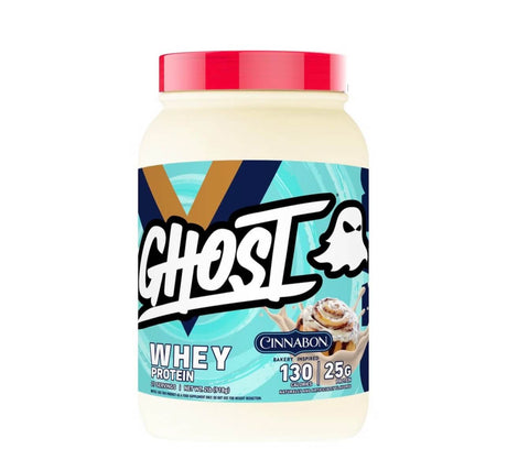 Ghost Whey Protein container with cinnamon bun flavor on a white background