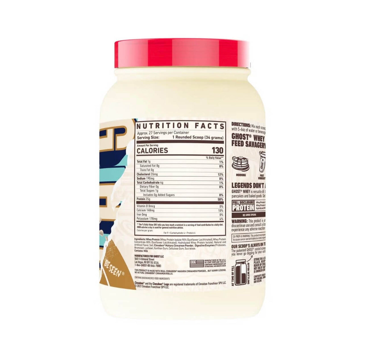 Container of protein powder with nutrition label on a white background