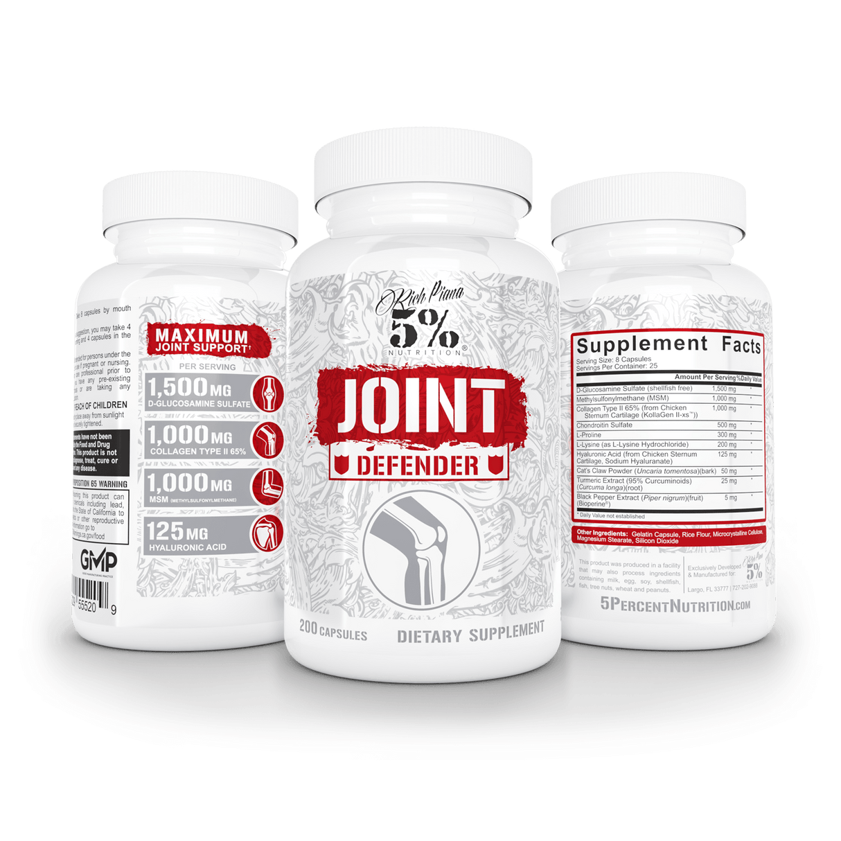 Bottle of Joint Defender Maximum Joint Support supplement available at MUSCLE FACTORY® featuring 25 servings of capsules for comprehensive joint health support front of bottle and back ingredient label view.