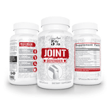 Bottle of Joint Defender Maximum Joint Support supplement available at MUSCLE FACTORY® featuring 25 servings of capsules for comprehensive joint health support front of bottle and back ingredient label view.