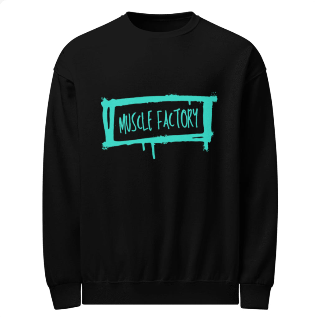 Front view of black muscle factory sweatshirt design looks painted 