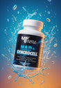 Bottle of Muscle Factory NAD+ Syncrocell supplement with water splash effect on a gradient blue to orange background
