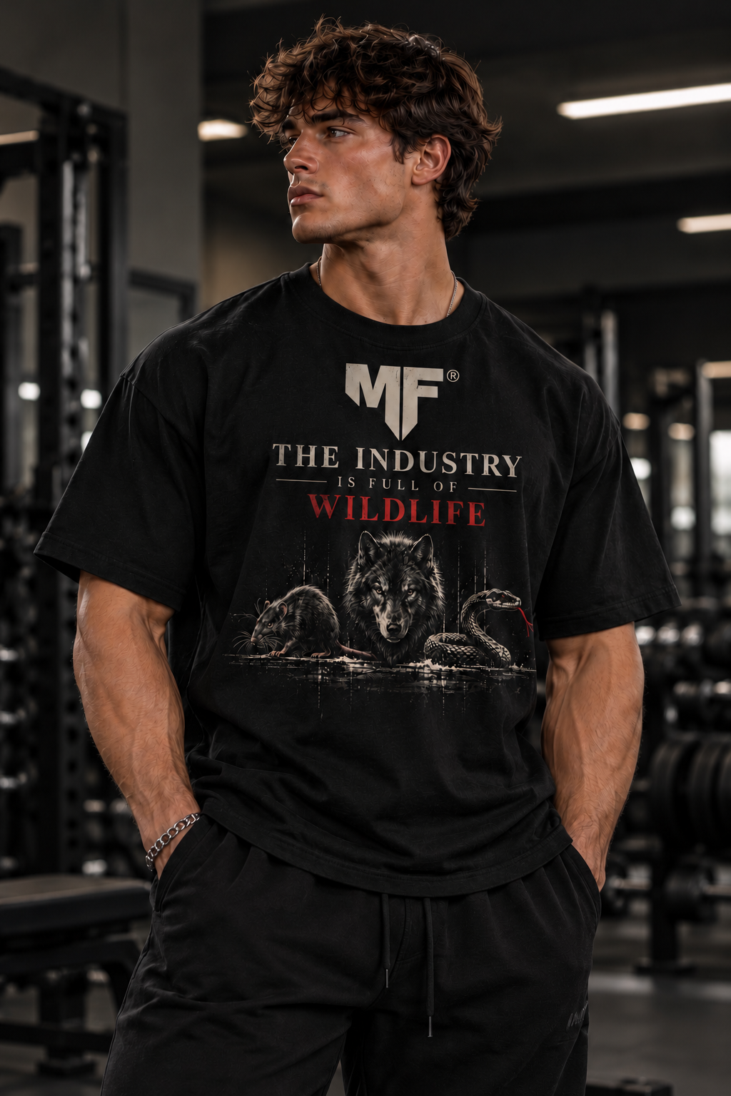 Male fitness model wearing a black oversized  MF graphic gym T-shirt featuring ‘The Industry Is Full of Wildlife’ slogan with wolf, rat, and snake artwork. MUSCLE FACTORY apparel brand. 