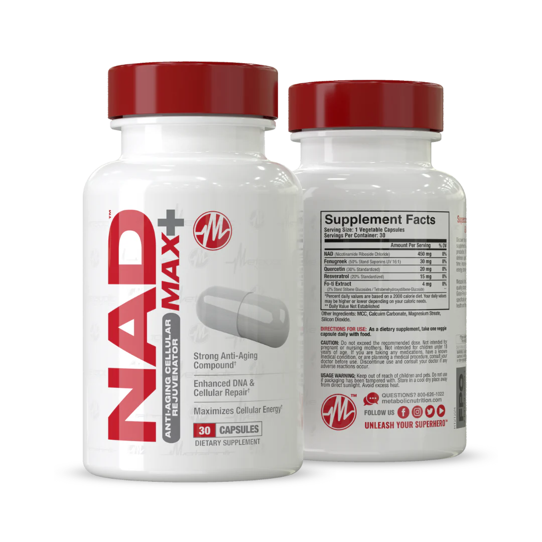 Front view of NAD MAX+ supplement bottle by Metabolic Nutrition, featuring 450mg NAD per capsule.