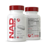 Front view of NAD MAX+ supplement bottle by Metabolic Nutrition, featuring 450mg NAD per capsule.