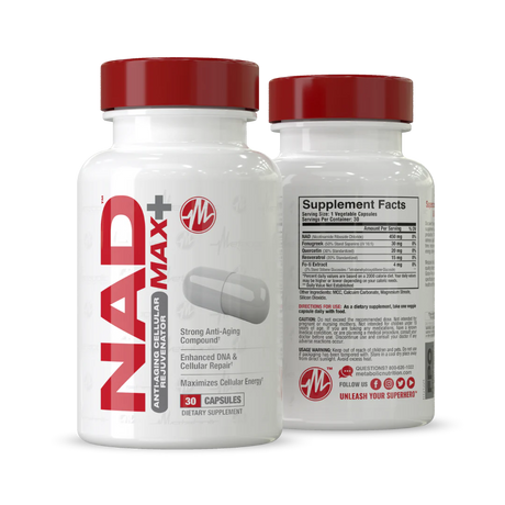 Front view of NAD MAX+ supplement bottle by Metabolic Nutrition, featuring 450mg NAD per capsule.