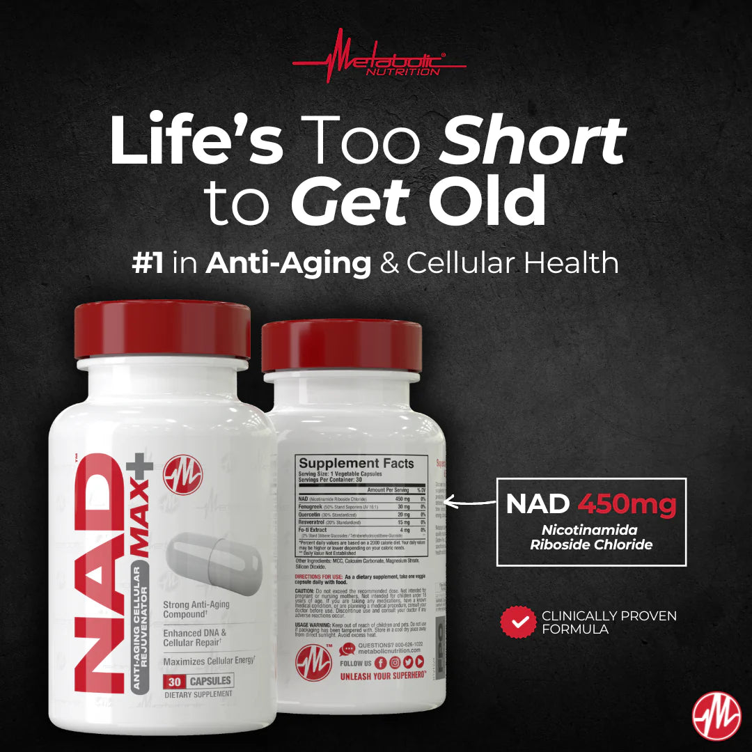 NAD MAX+ supplement, emphasizing enhanced energy and anti-aging benefits.