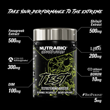 NUTRABIO testosterone-booster supplement container with ingredient list on a black background